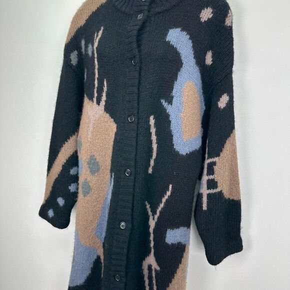 SEGUE Unisex Vintage 80s Wool Blend Abstract Button Down Duster Cardigan Sweater - Picture 6 of 12